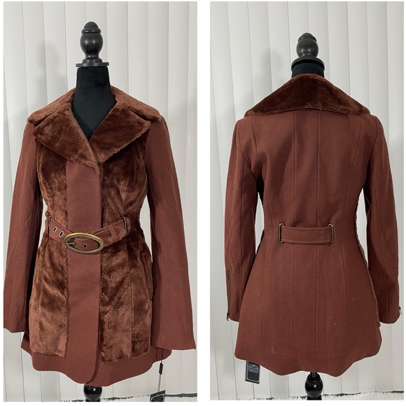 BLANC NOIR Sample Faux Fur Blocked Wool Car Coat Jacket Belted Midi Brown Small - Picture 3 of 12
